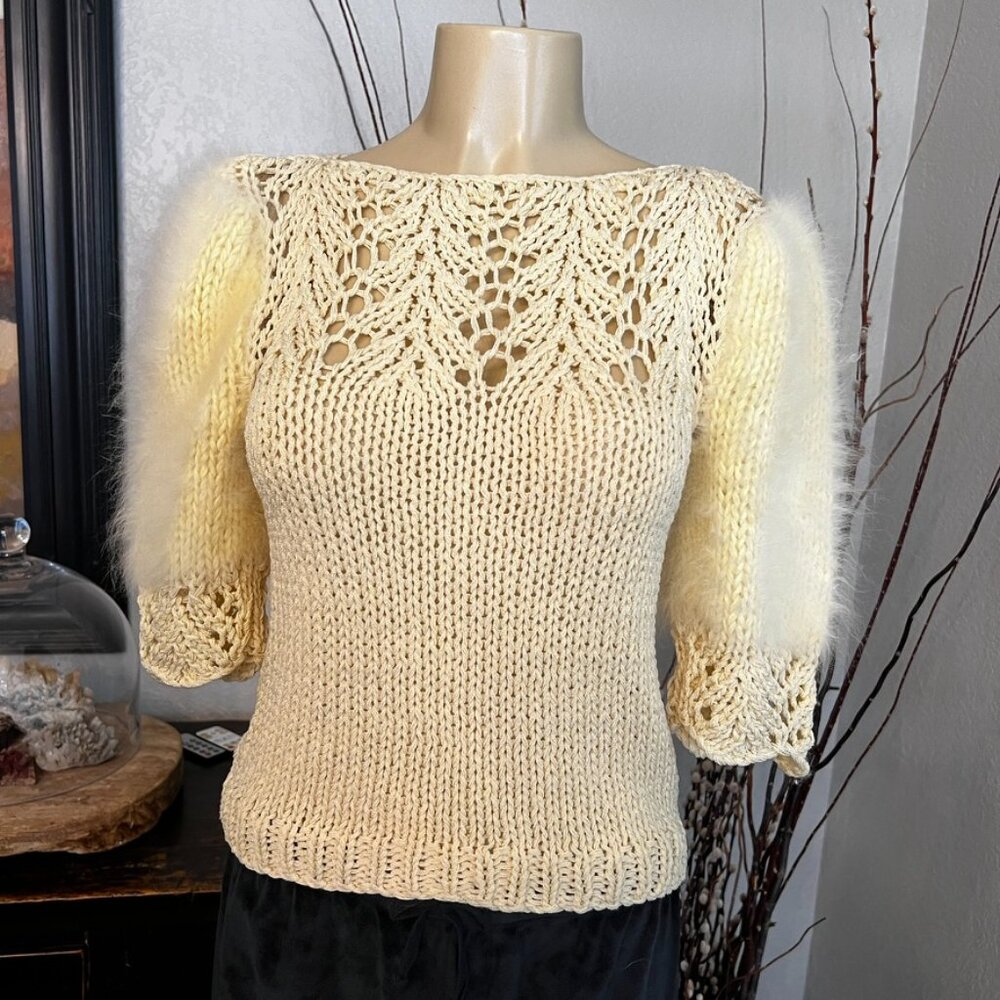 custom KNIT SWEATER w/ MOHAIR PUFF SLEEVES creamy yellow in color